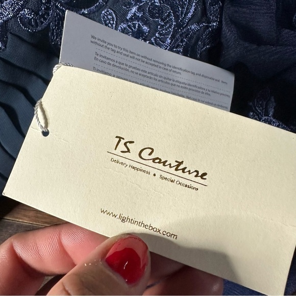 TS Courture Blue Lace Chiffon Padded Evening Gown - Picture 4 of 4